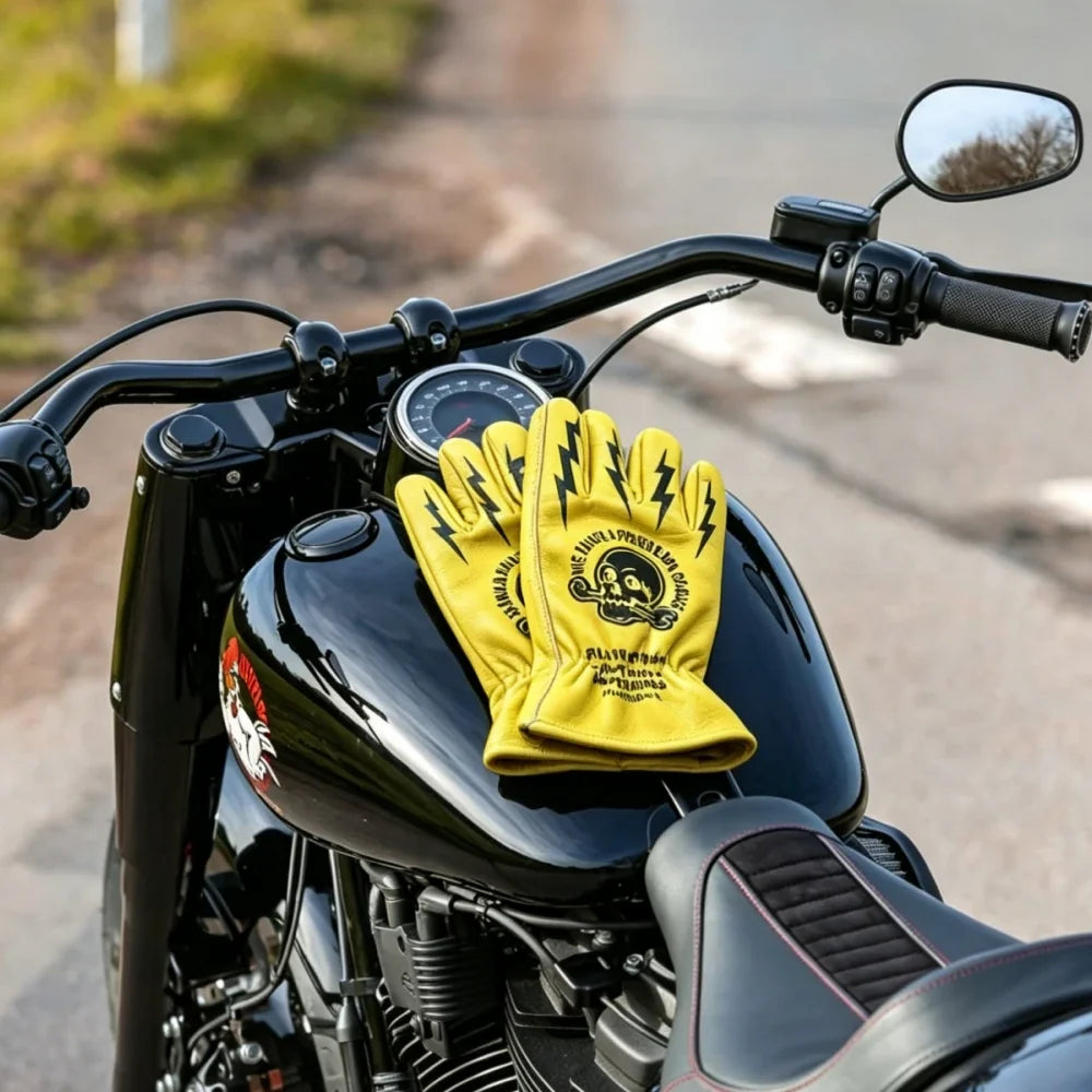 Gants en cuir vachette imprimé tête de mort - vue produit - vue 6
