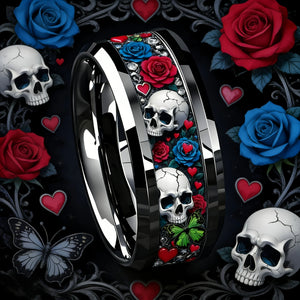 Bague en acier inoxydable tête de mort et rose - vue 3