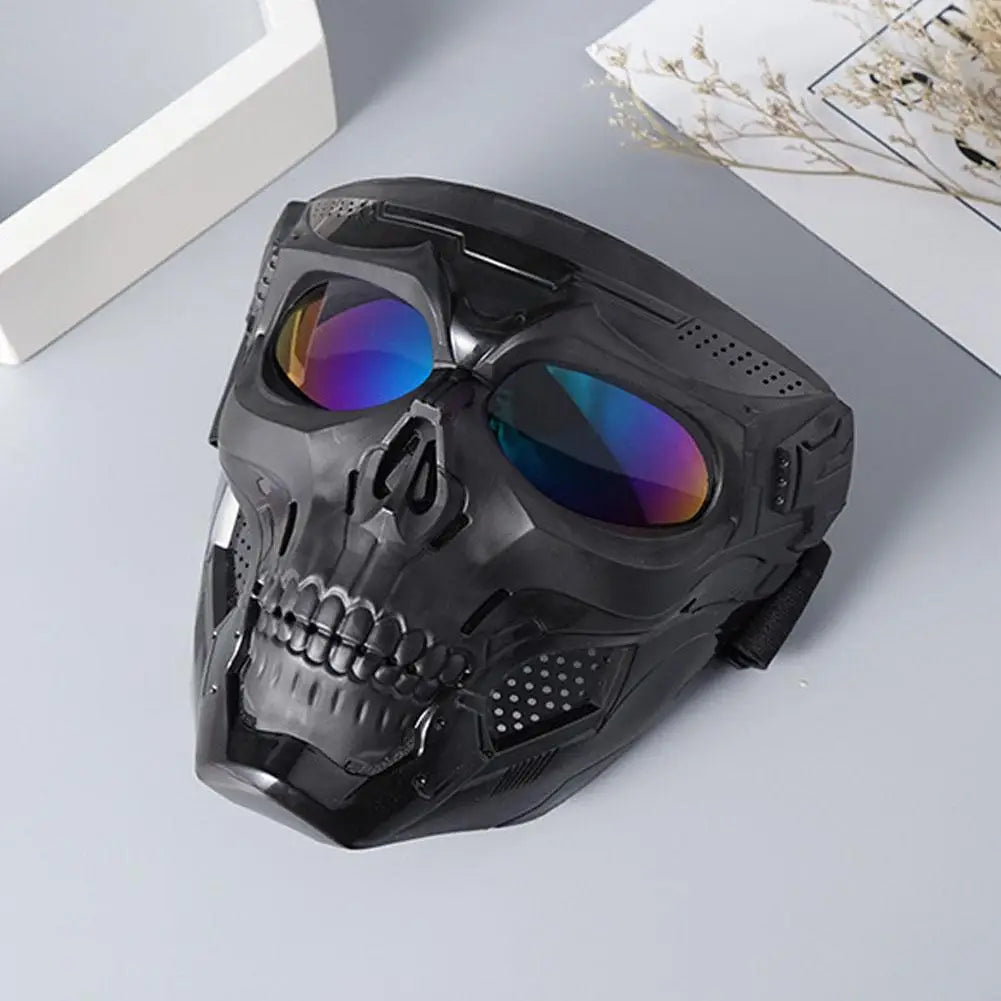 Masque de moto tête de mort rétro noir style biker - vue 3