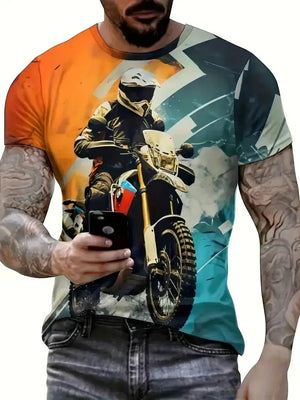 T-shirt Homme Moto Vintage Imprimé 3D Oversize Streetwear - vue 2