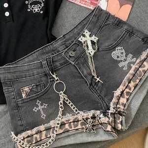 Short en jean gris vintage patchwork - vue 2