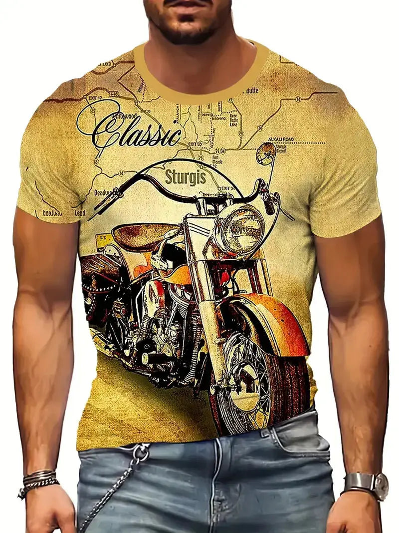 T-shirt Homme Moto Vintage Imprimé 3D Oversize Streetwear - vue 16