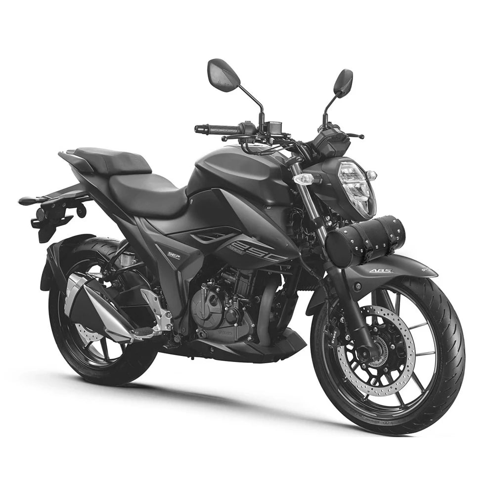 Sacoche de fourche en cuir noir imperméable fixée sur une moto - vue 6