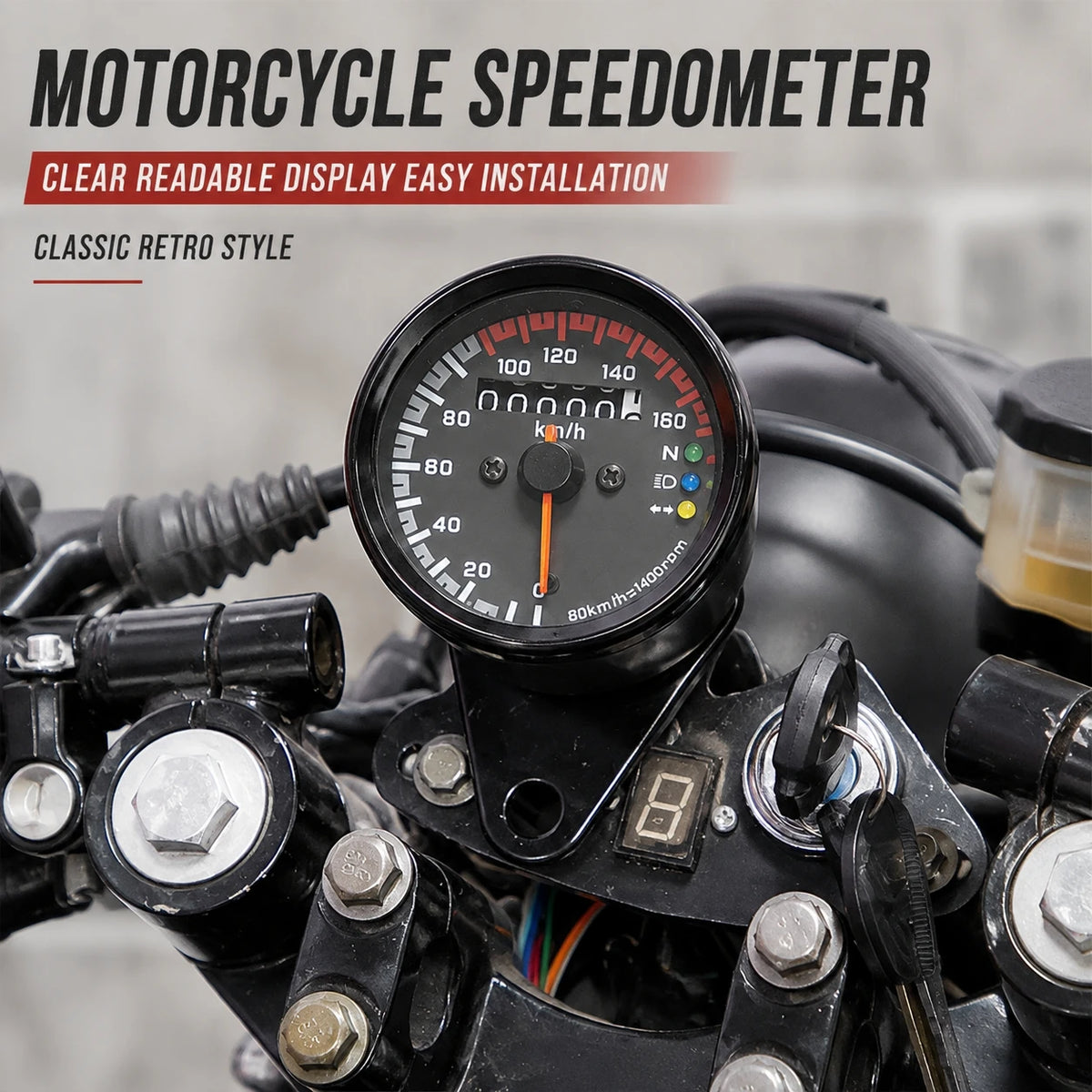 Compteur de vitesse mécanique rétro 12V style Café Racer avec témoins lumineux