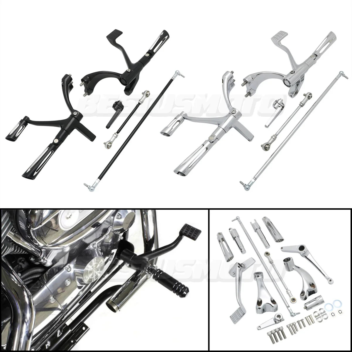 Kit complet commandes avancées CNC, repose-pieds, biellettes et leviers pour Harley-Davidson Sportster XL 48, 883, 1200, SuperLow 2004-2013 – photo 1/16