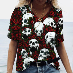 T-shirt femme tête de mort col V manches courtes - vue 13