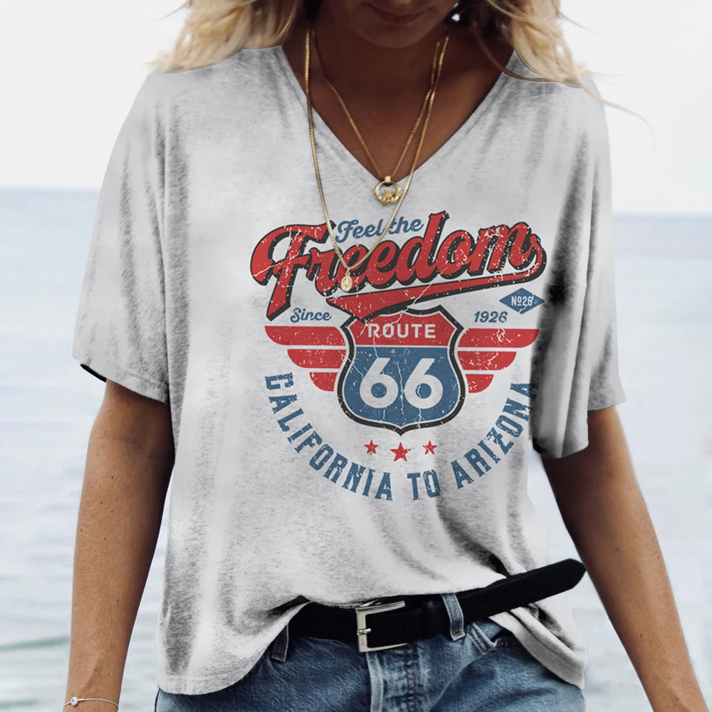 T-shirt Femme Col V Motif Route 66, Manches Courtes Oversize - vue 3