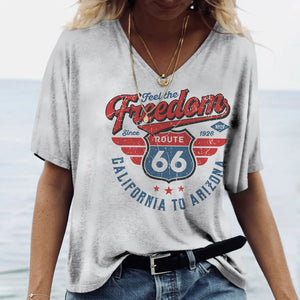 T-shirt Femme Col V Motif Route 66, Manches Courtes Oversize - vue 3