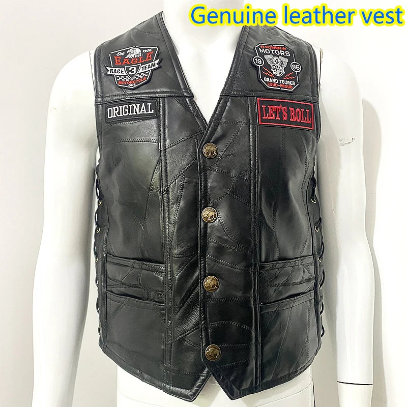 Gilet en cuir noir motif tête de mort - vue de face - vue 2