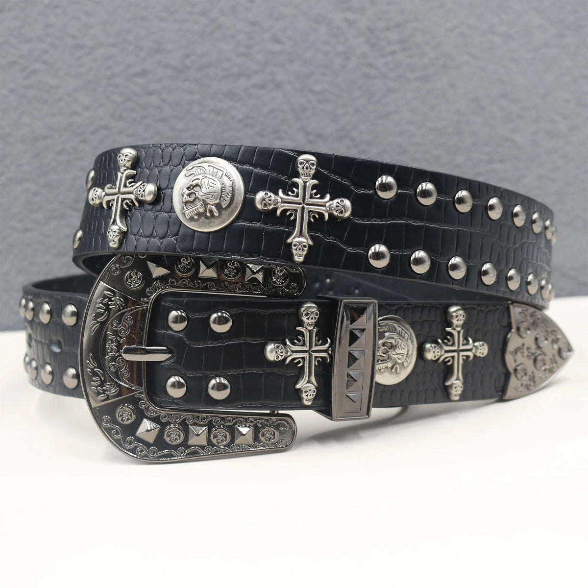 Ceinture en similicuir noir avec rivets métalliques et boucle punk - vue 13