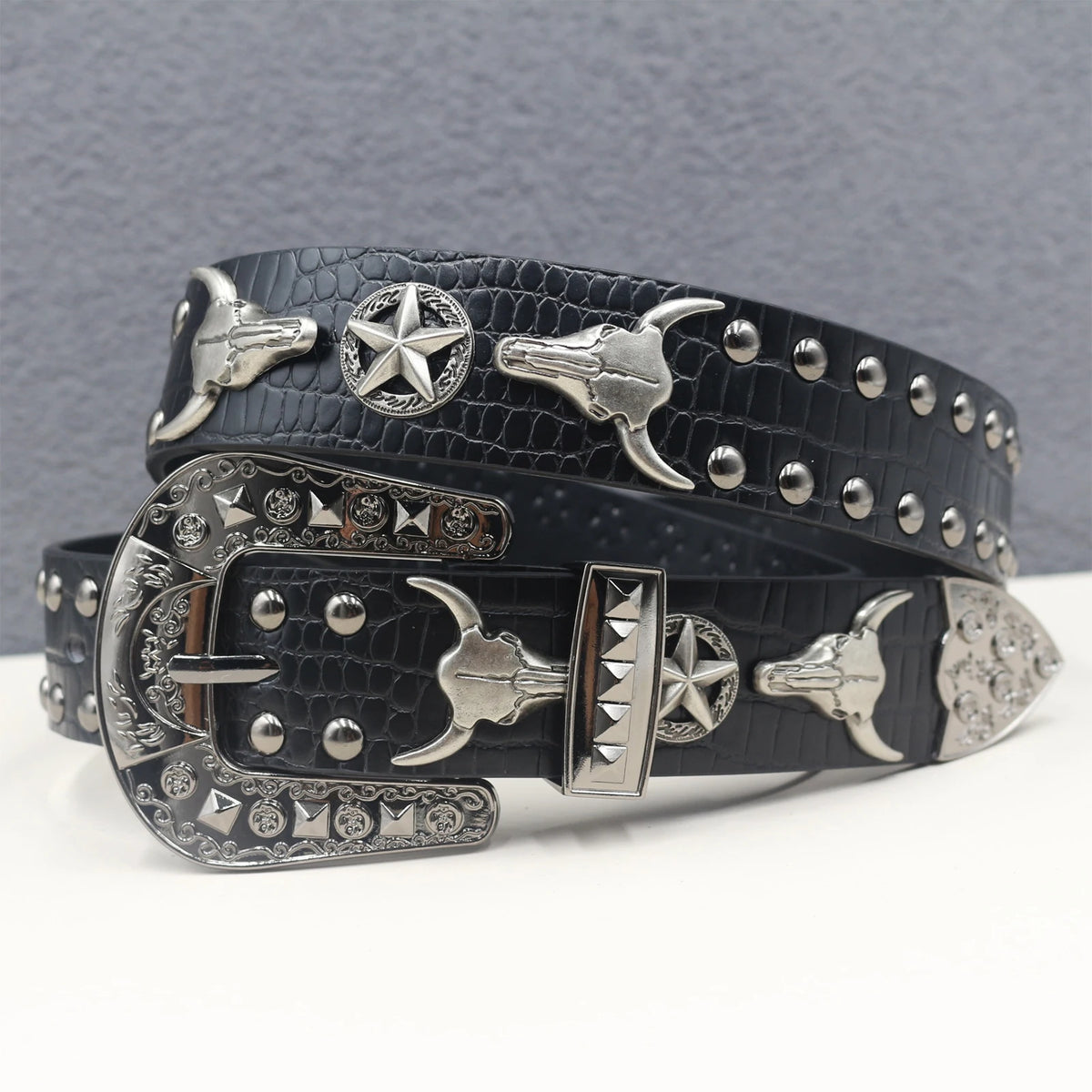 Ceinture en similicuir noir avec rivets métalliques et boucle punk - vue 11