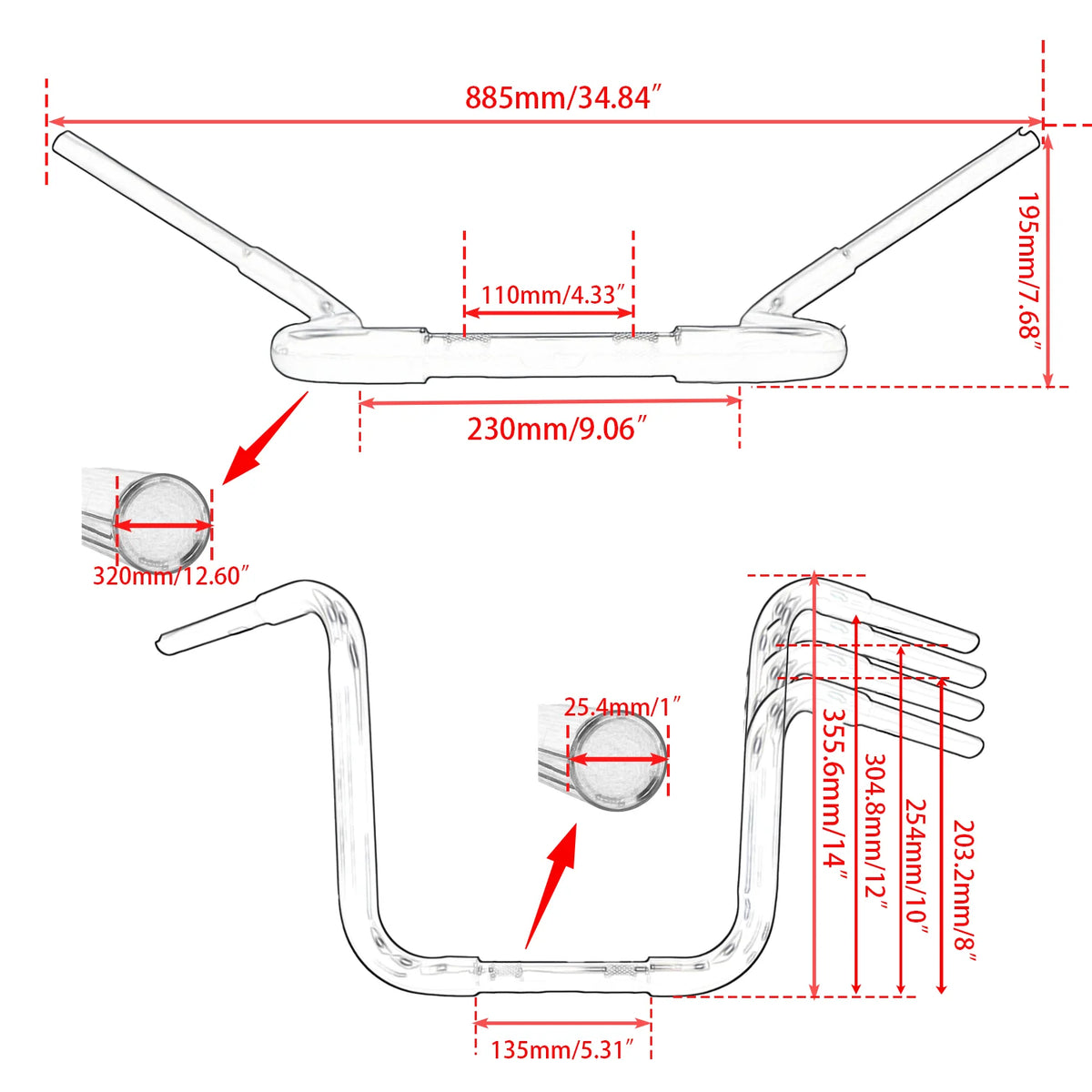 Guidon ape hanger fat bar pour Harley Sportster Softail Dyna - vue 4