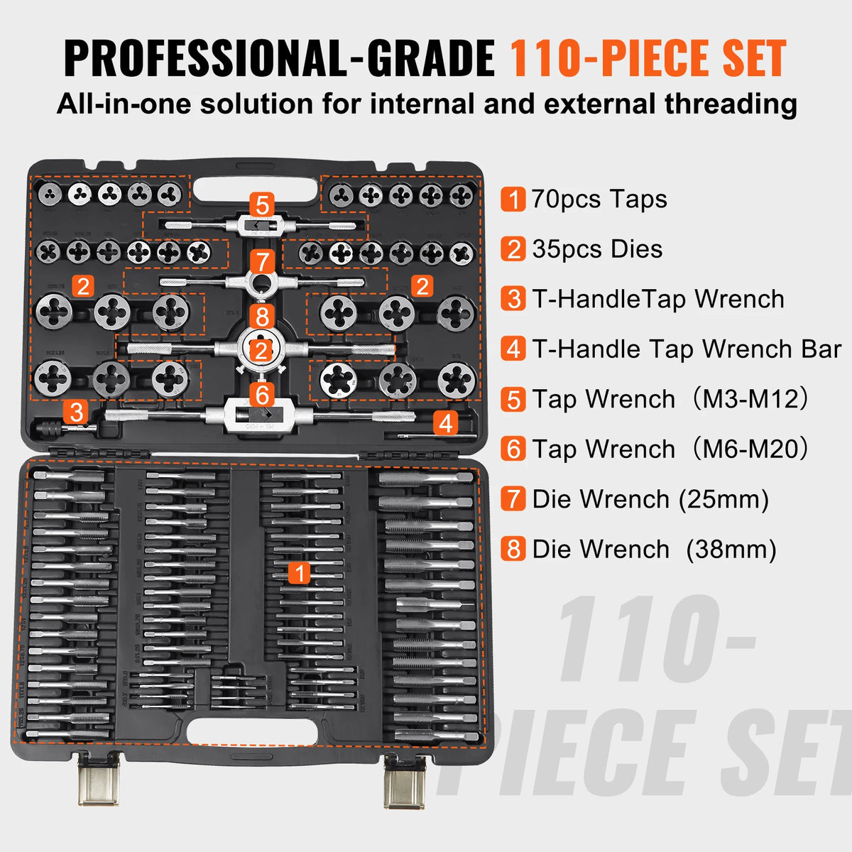 Coffret de tarauds et filières 40/60/80/110-116 pièces, filetage métrique et SAE – photo 6/12