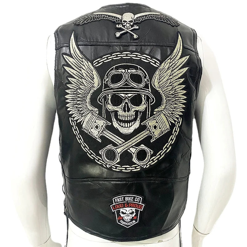Gilet en cuir noir motif tête de mort - vue de face - vue 4