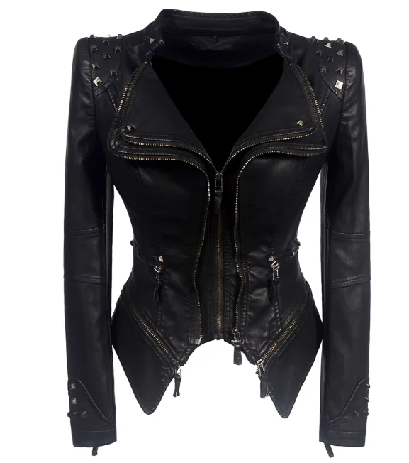 Veste motarde femme cloutée noire - vue de face - vue 9