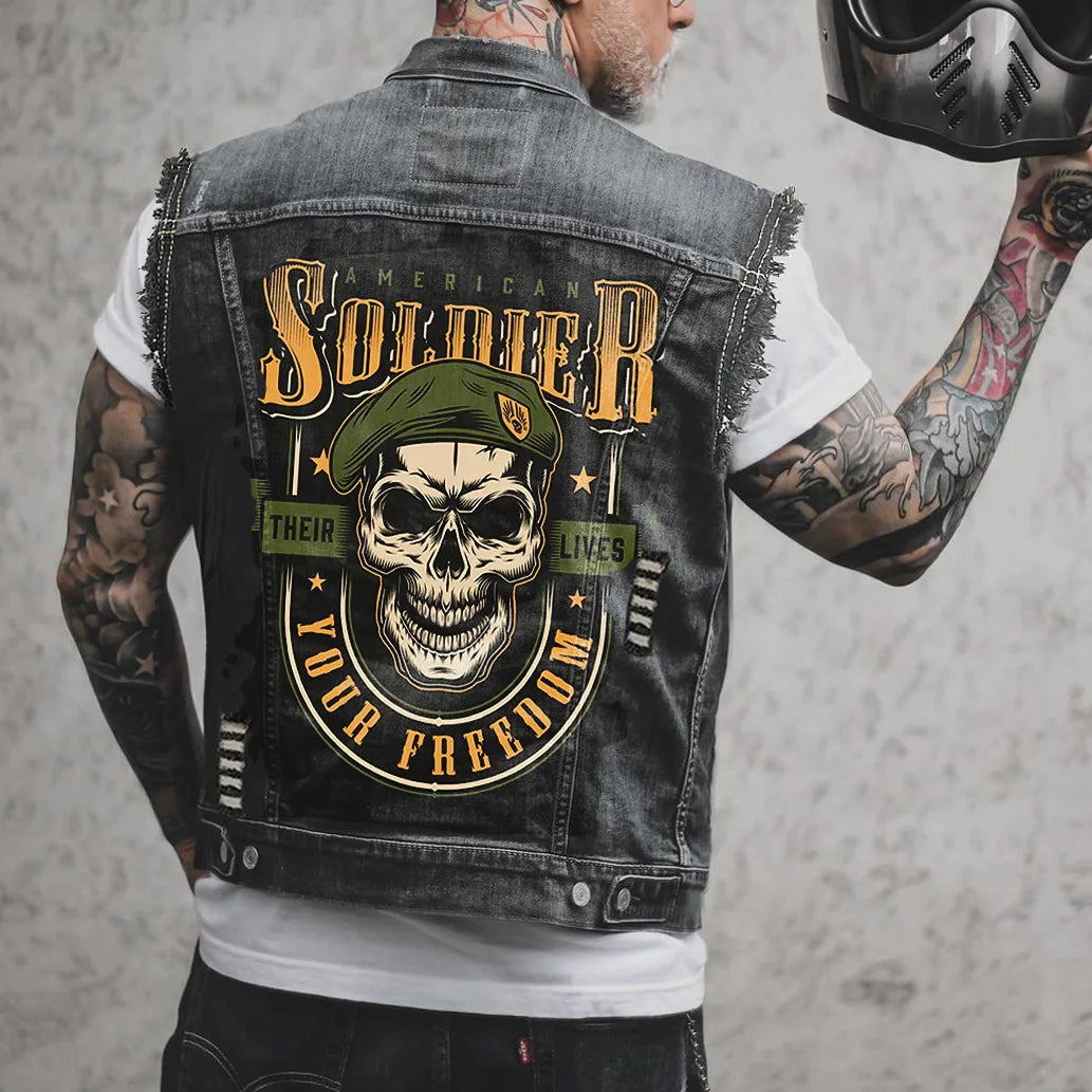 Gilet en jean homme imprimé aigle sans manches, vue de face - vue 2