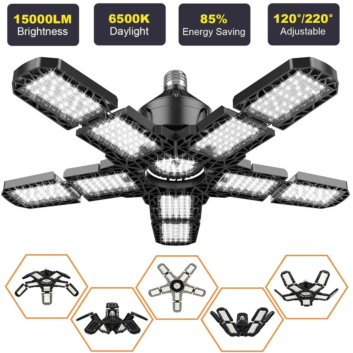 Lampe LED d'atelier à panneaux orientables 7/10+1, culot E26/E27, 150W 6500K – photo 1/9