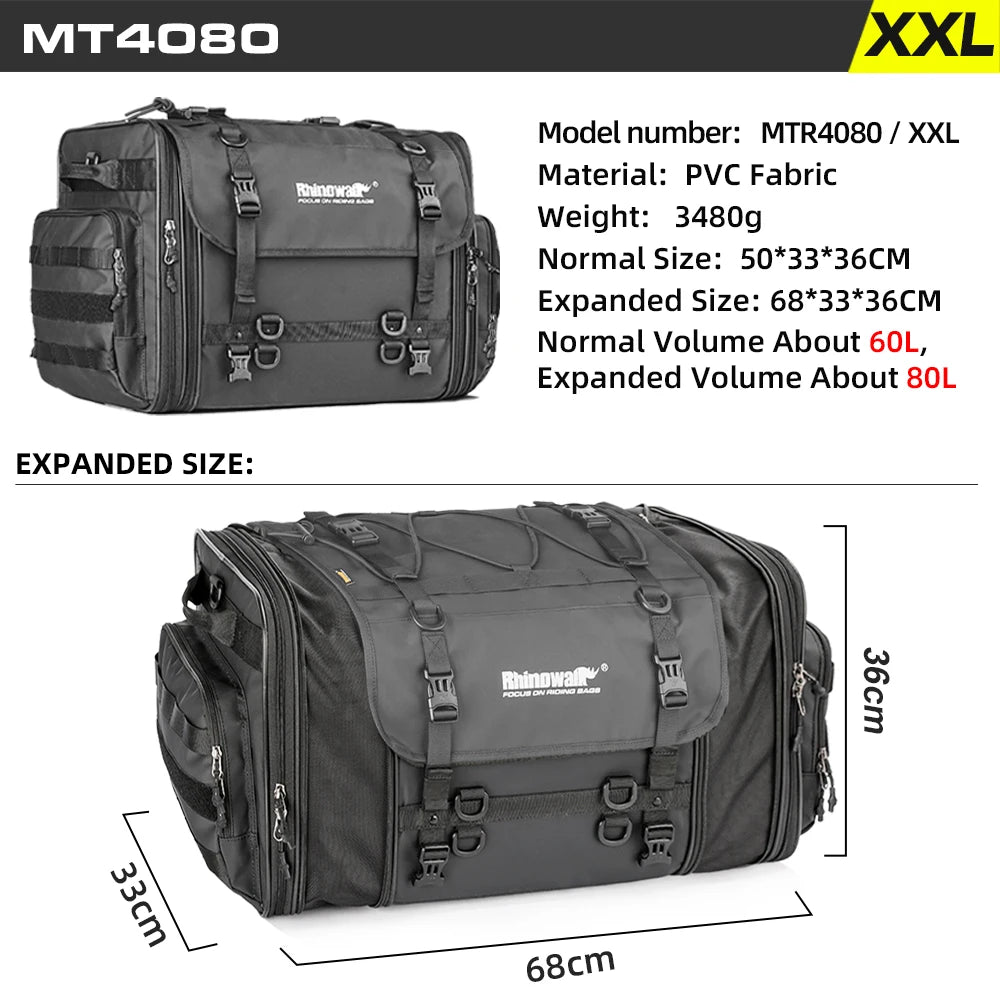 Sac de selle arrière moto Rhinowalk noir, fermetures zippées latérales - vue 8
