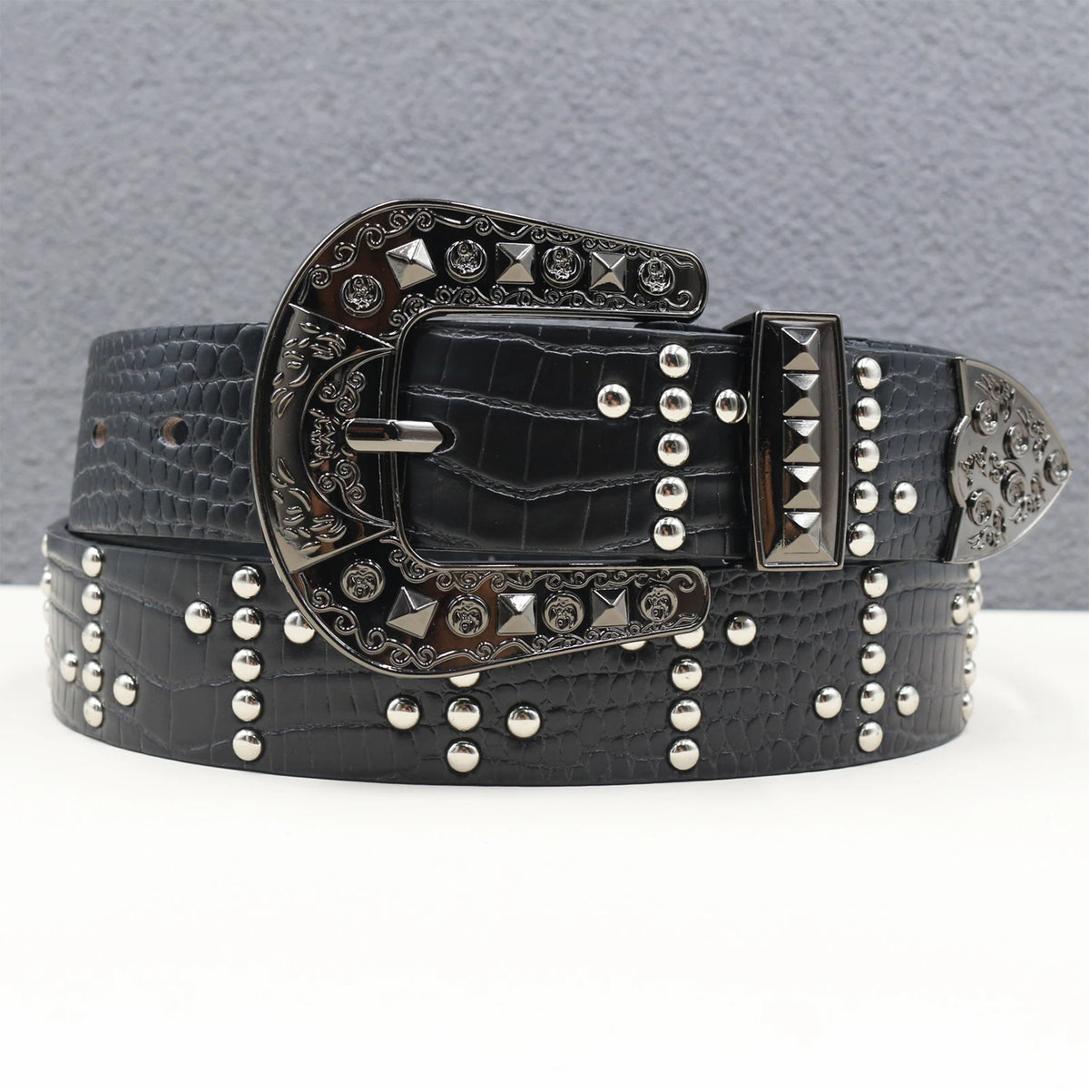 Ceinture en similicuir noir avec rivets métalliques et boucle punk - vue 6