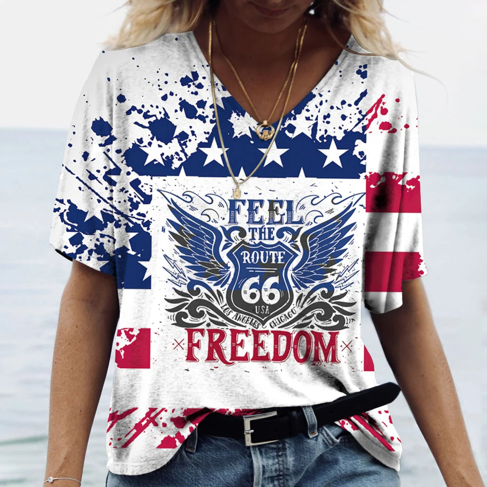 T-shirt Femme Col V Motif Route 66, Manches Courtes Oversize - vue 11