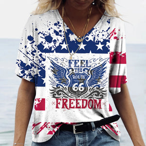 T-shirt Femme Col V Motif Route 66, Manches Courtes Oversize - vue 11