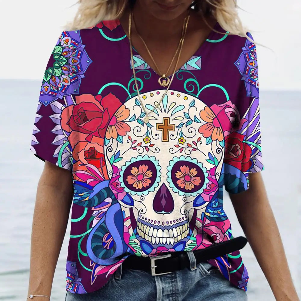 T-shirt femme tête de mort col V manches courtes - vue 11