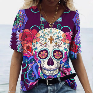 T-shirt femme tête de mort col V manches courtes - vue 11