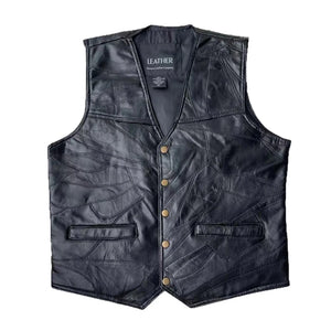 Gilet en cuir noir col V style motard - vue - vue 1