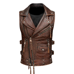 Gilet biker en cuir vintage brun-rouge - vue - vue 2