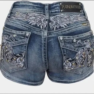 Mini short en jean délavé brodé motif aile - vue 5
