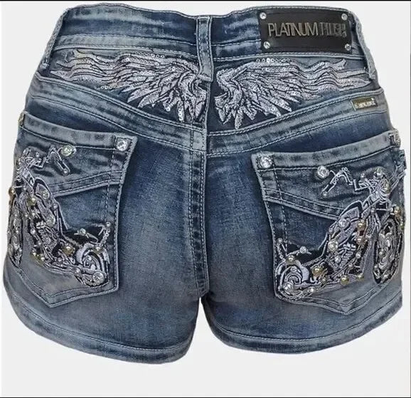 Mini short en jean délavé brodé motif aile - vue 5