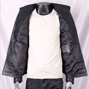 Blouson en cuir noir avec broderie tête de mort, vue de face - vue 6