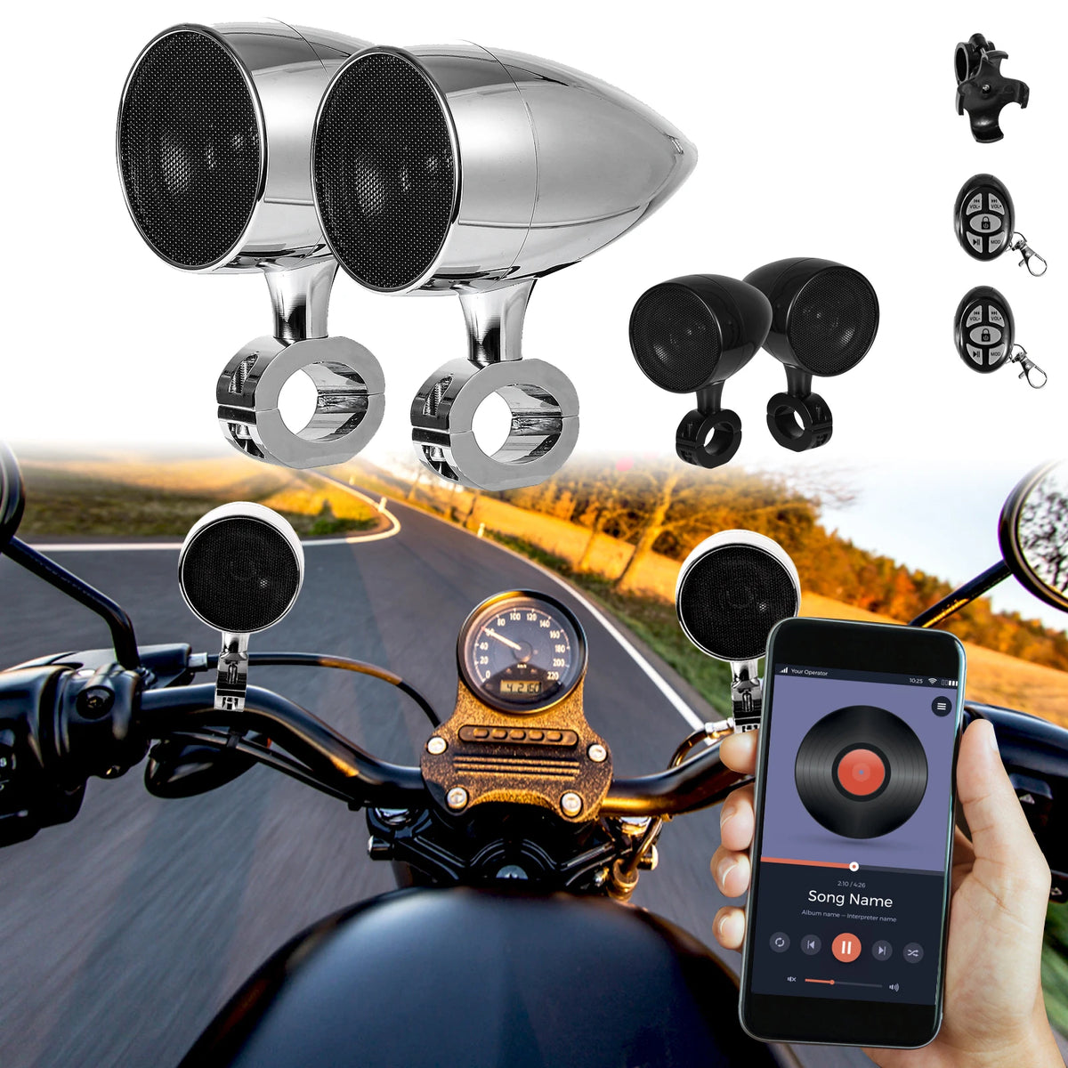 Haut-parleurs moto Bluetooth avec télécommande – 50 W, étanche IP65, montage guidon 26-33 mm - vue 1