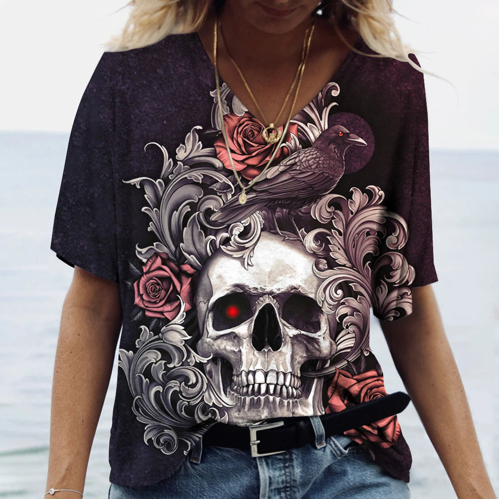 T-shirt femme tête de mort col V manches courtes - vue 1