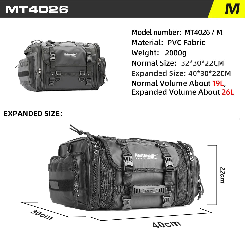 Sac de selle arrière moto Rhinowalk noir, fermetures zippées latérales - vue 7