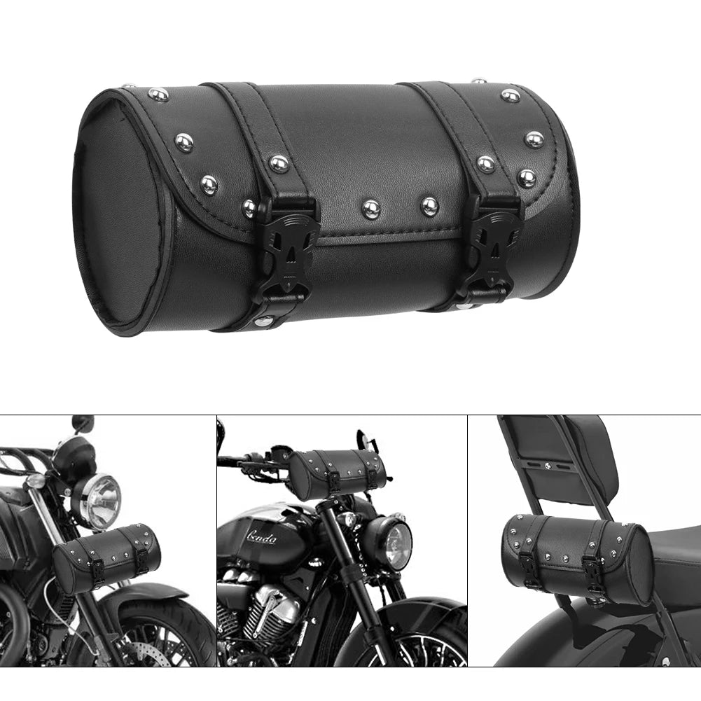 Sacoche de fourche en cuir noir imperméable fixée sur une moto - vue 1