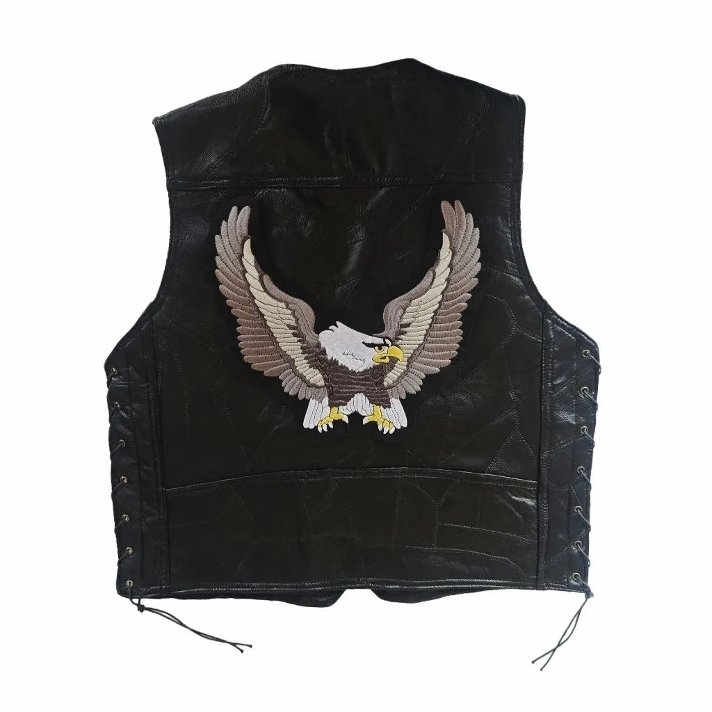 Gilet en cuir noir brodé sans manches, vue de face - vue 4