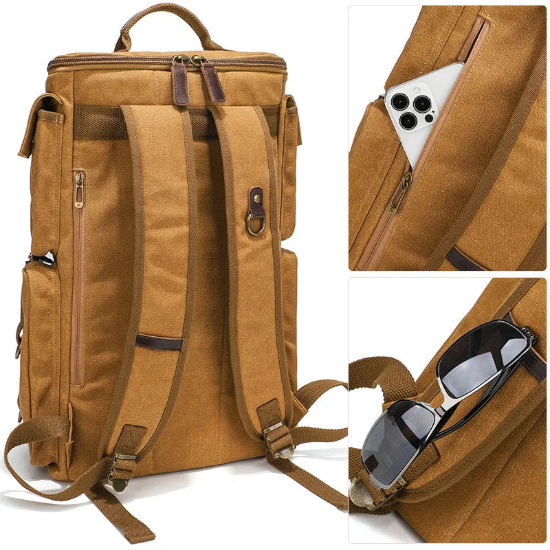 Sac à dos vintage en toile cirée et cuir marron - vue 3