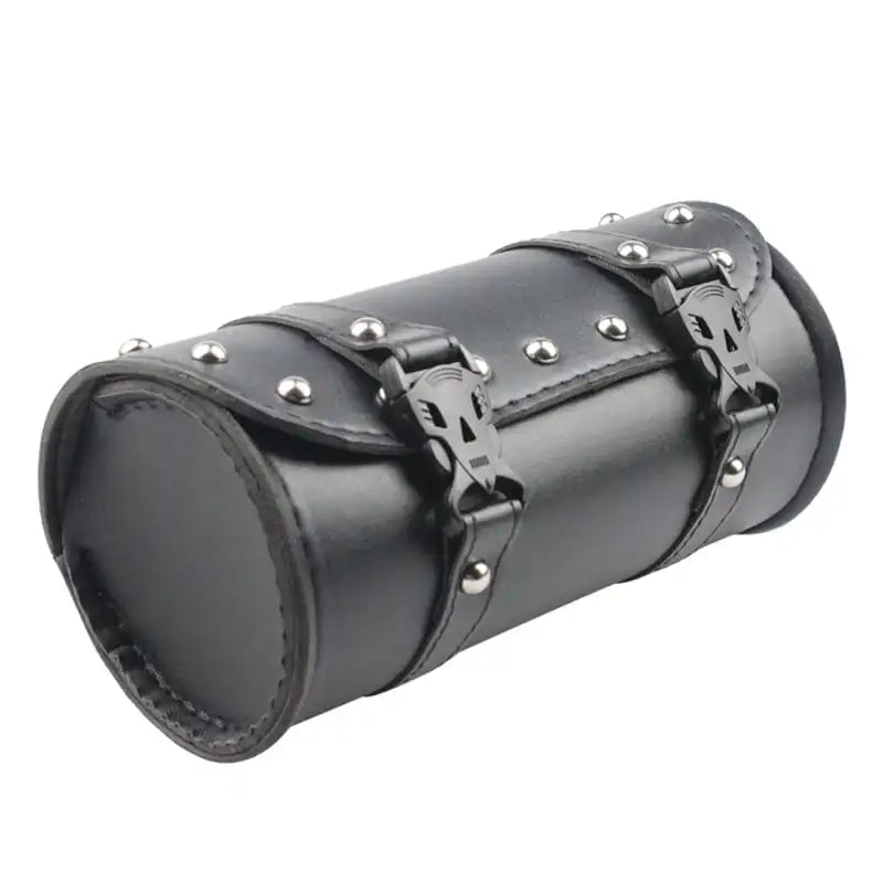 Petite sacoche moto en cuir noir de forme cylindrique fixée près du guidon - vue 7