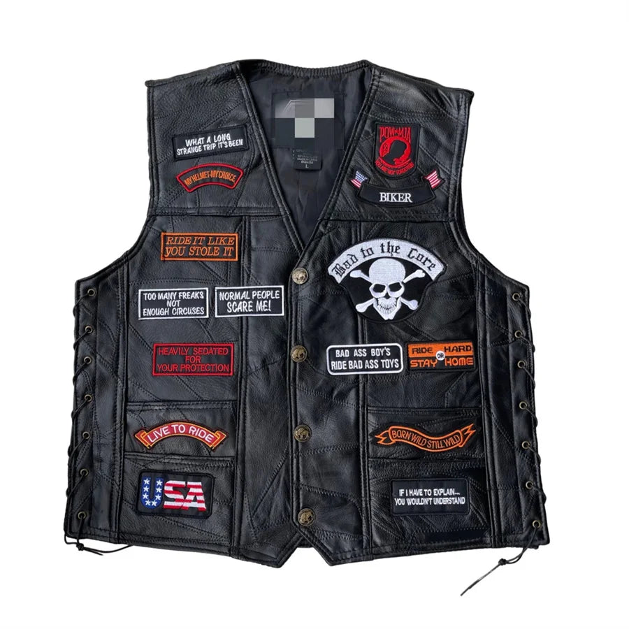 Gilet biker en cuir noir brodé de patchs - vue - vue 3