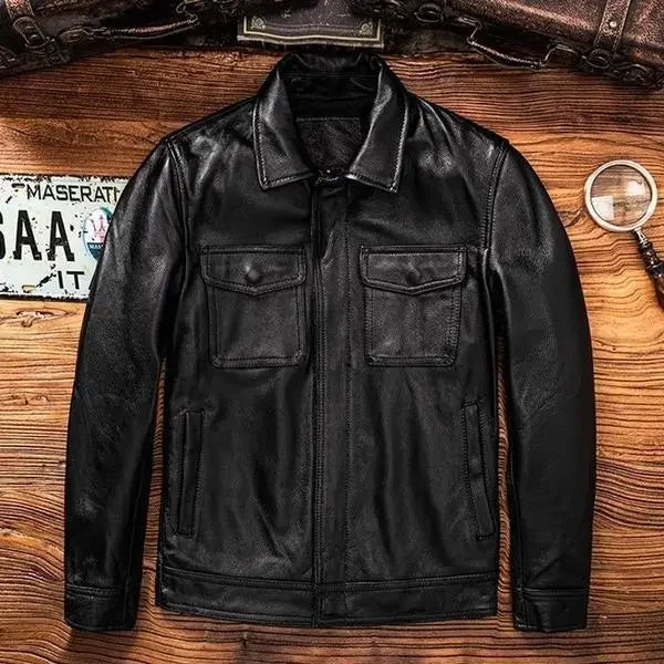 Veste moto homme en cuir véritable noir, vue de face - vue 1