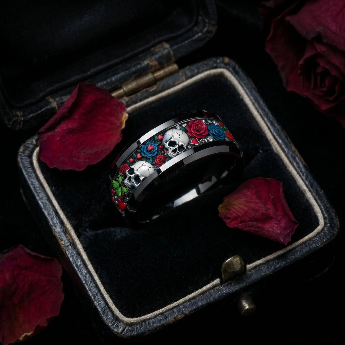 Bague en acier inoxydable tête de mort et rose - vue 5