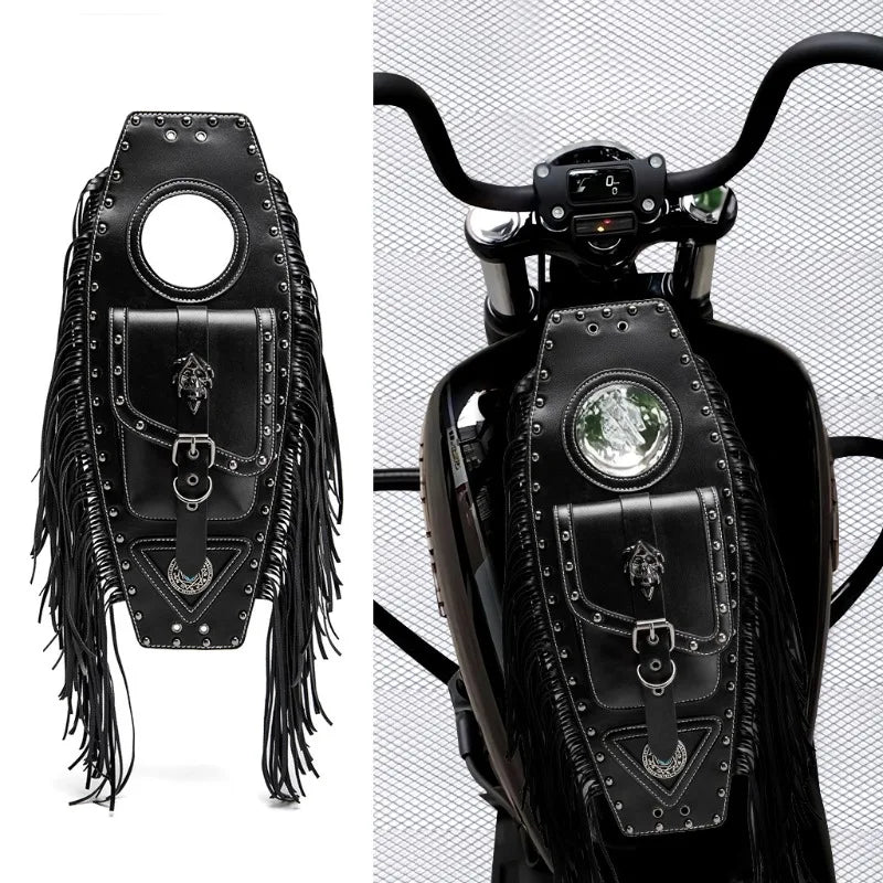 Sacoche de réservoir punk à franges et rivets pour moto custom (universelle)