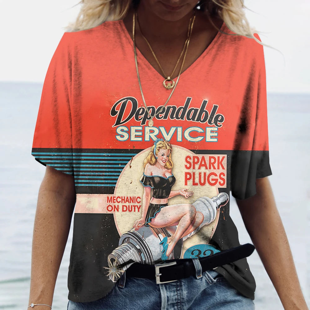 T-shirt Femme Col V Motif Route 66, Manches Courtes Oversize - vue 8