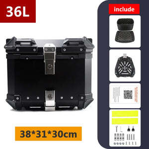 Top case moto en aluminium noir avec serrure, fixé sur un porte-bagages arrière - vue 18