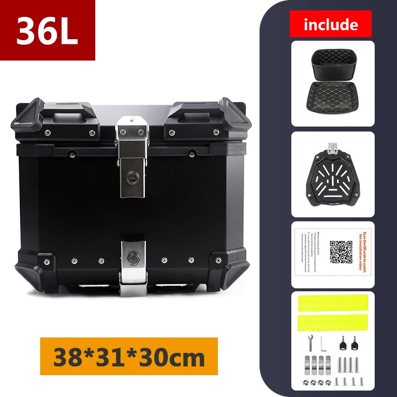 Top case moto en aluminium noir avec serrure, fixé sur un porte-bagages arrière - vue 18
