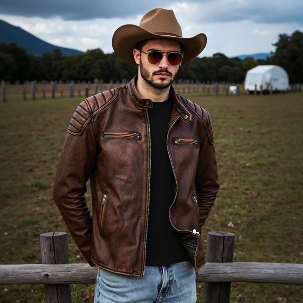 Blouson en cuir noir pour moto - vue homme - vue 3