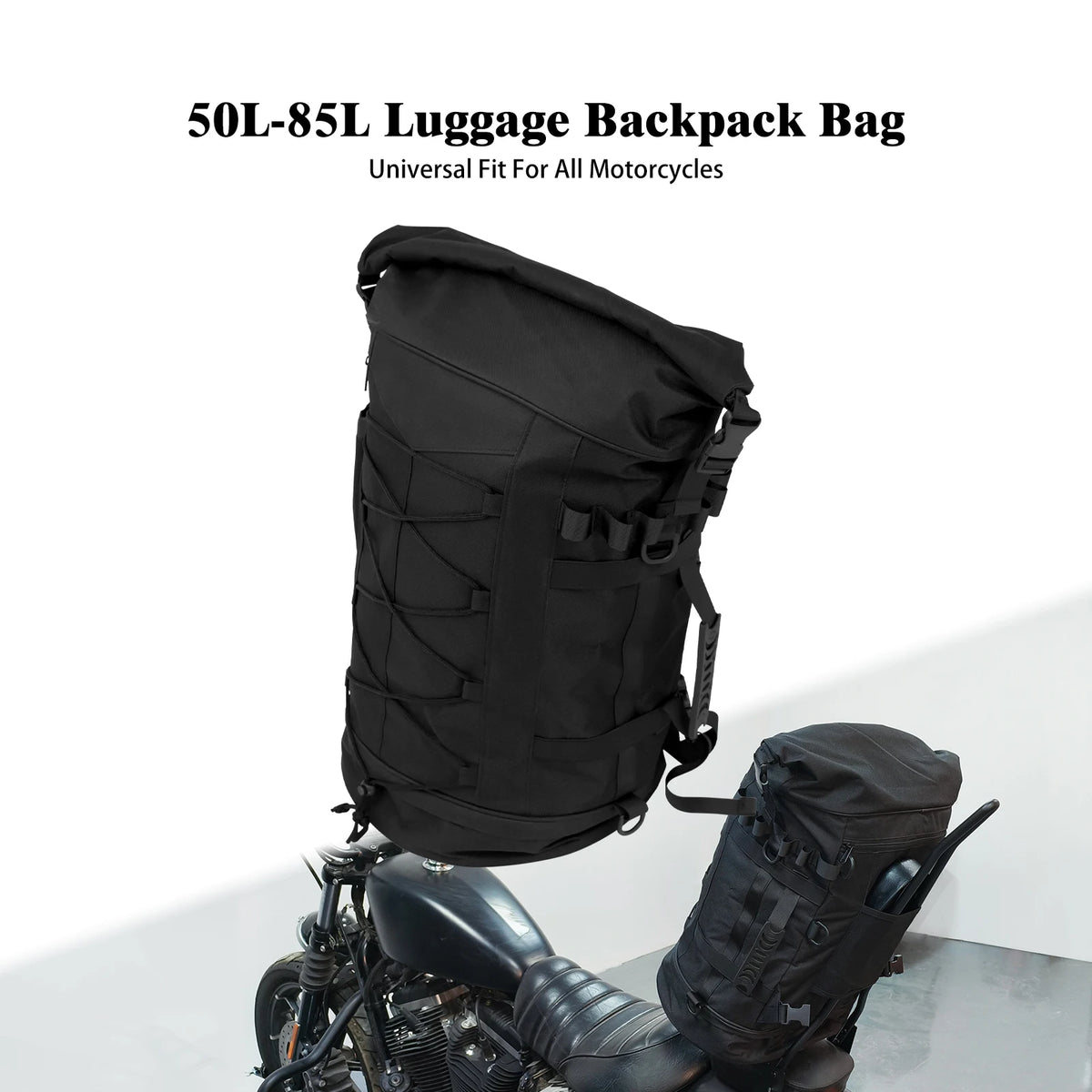 Sac de sissy-bar moto noir extensible avec sangles et housse de pluie - vue 1