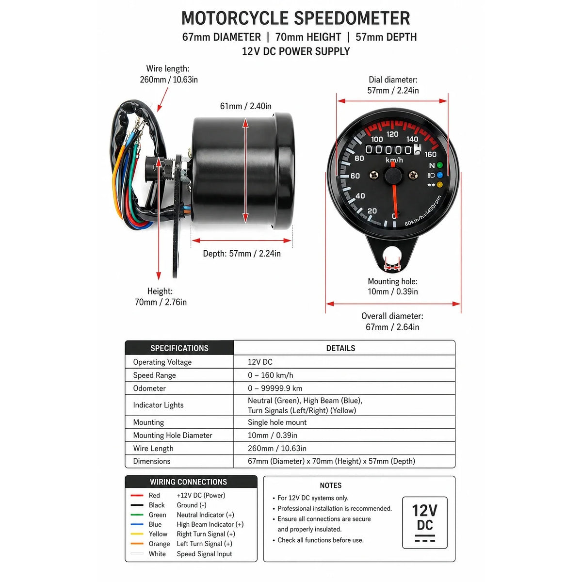 Compteur de vitesse rétro 12V avec 3 témoins lumineux, odomètre mécanique 0-160 km/h