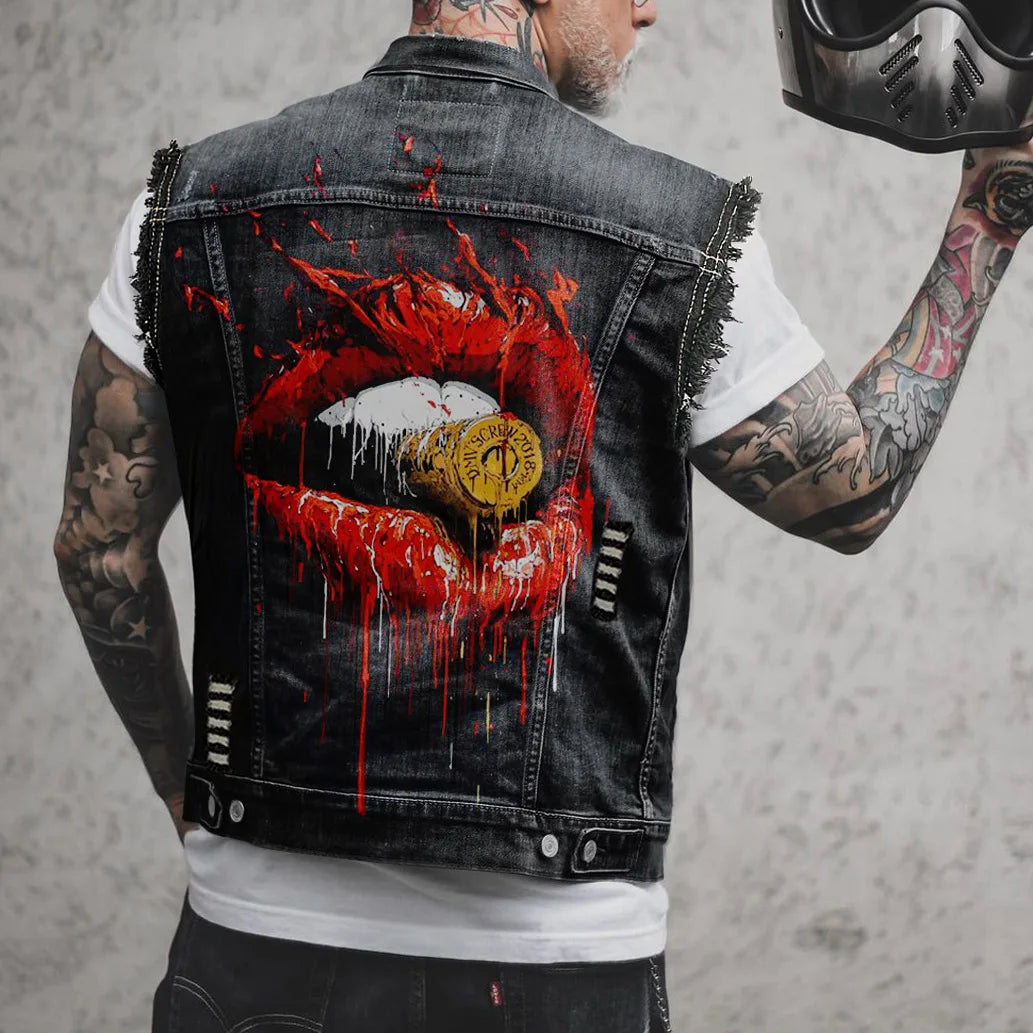 Gilet en jean homme imprimé aigle sans manches, vue de face - vue 19